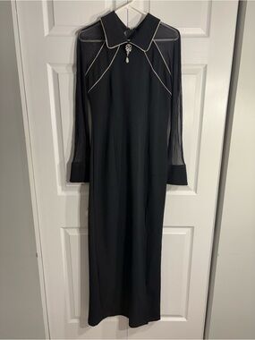 Vintage Taheri Black Gown Sheer Long Sleeve Crystal Brooch Maxi Dress (4A)